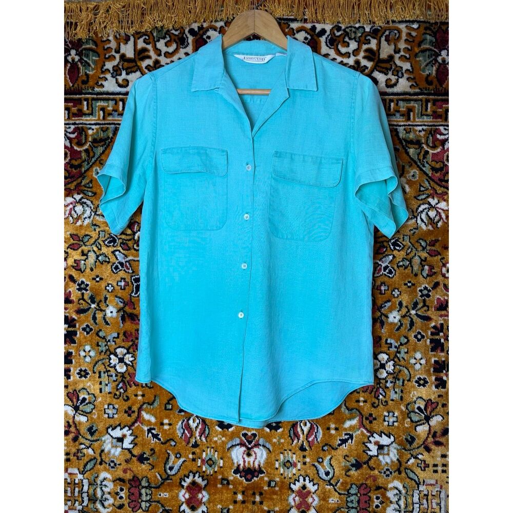 90s Vintage Lands' End Turquoise Linen Short Sleeve Shirt Women's Size 10 - Picture 2 of 7